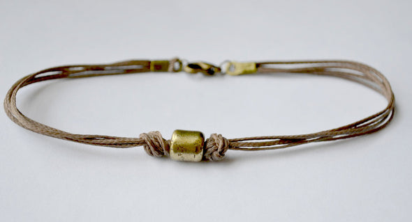 Bronze tube anklet for men, brown cord - shani-adi-jewerly