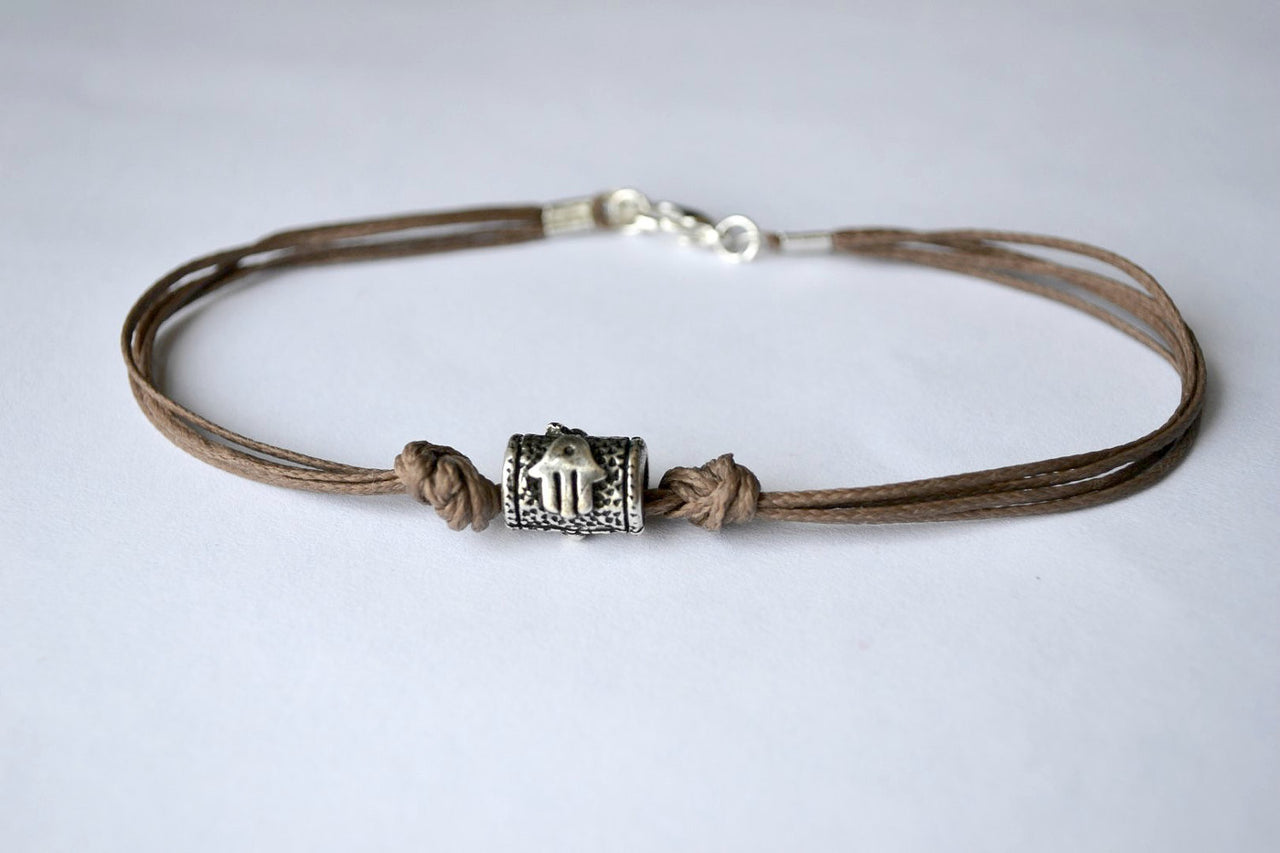 Silver bead Hamsa bracelet for men, brown cord - shani-adi-jewerly