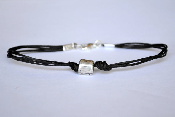 Silver tube anklet for men, black cord - shani-adi-jewerly