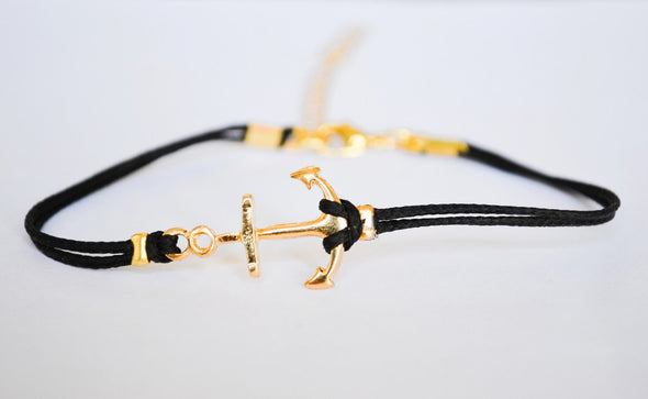 Black cord bracelet with gold plated anchor charm - shani-adi-jewerly