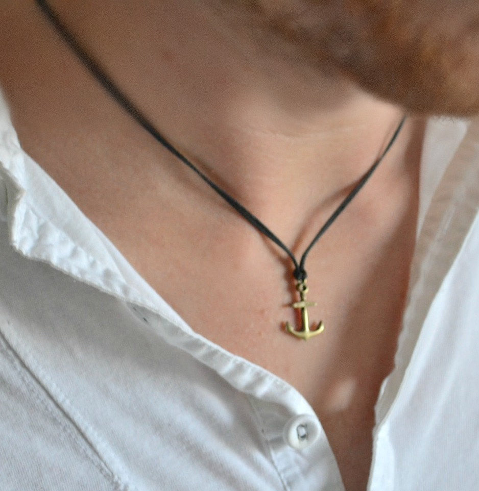 Anchor necklace for men, men's anchor necklace with a black wax cord,  bronze pendant. gift for him, men jewelry, nautical necklace, sailing –  Shani & Adi Jewelry