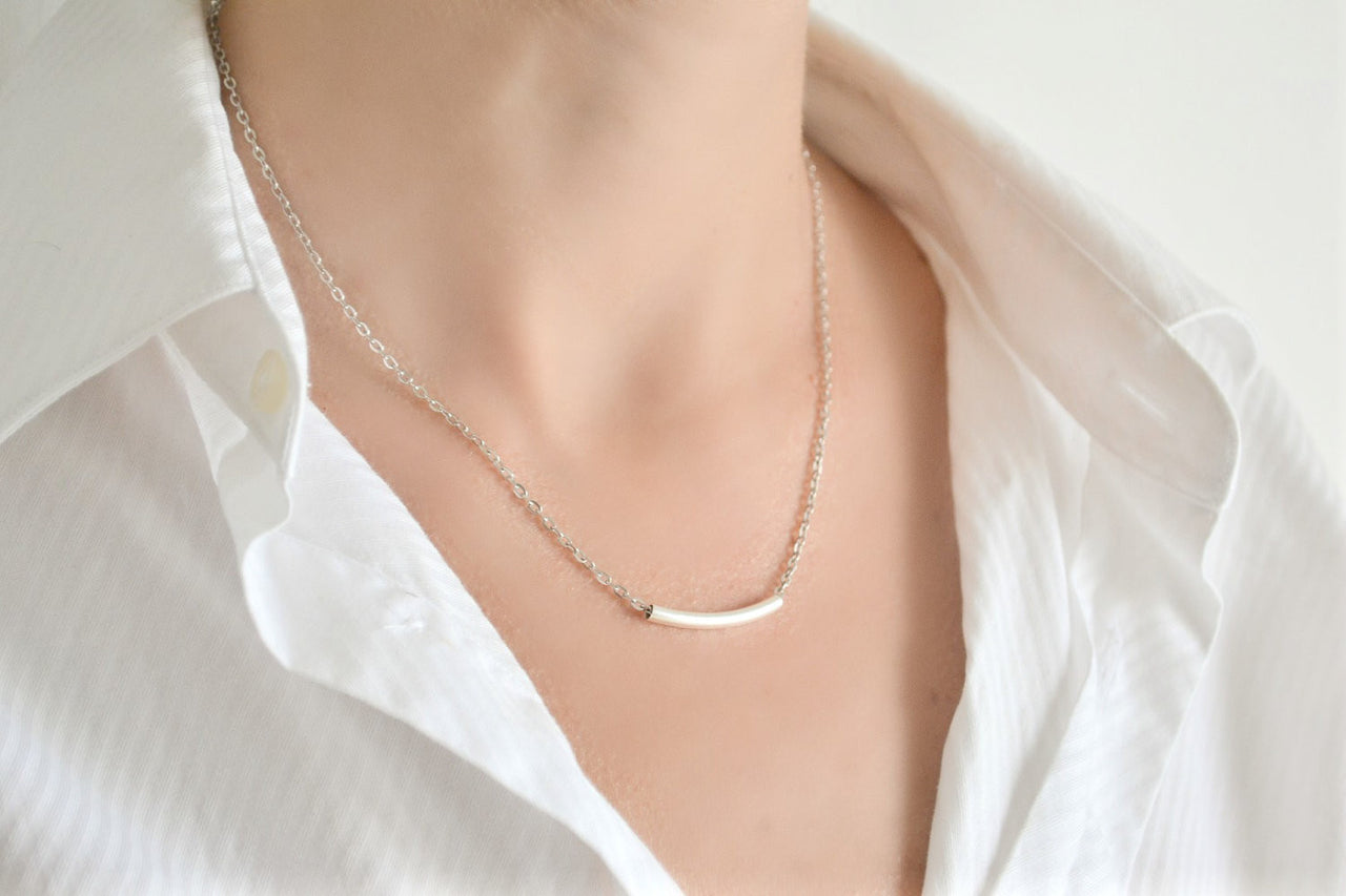 Silver bar necklace for women, stainless steel chain - shani-adi-jewerly