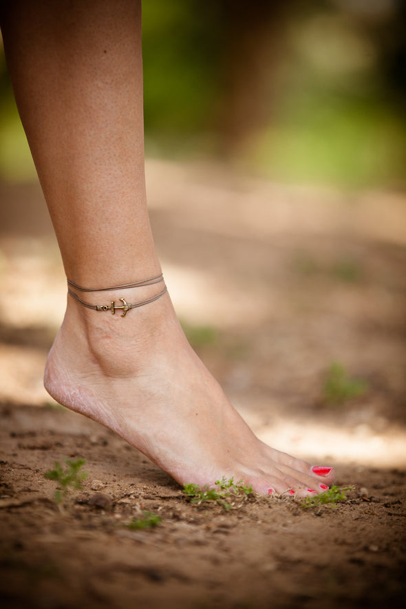 Brown wrap anklet with an anchor bronze charm - shani-adi-jewerly