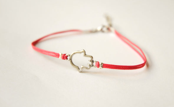 Pink dainty cord anklet with a silver Hamsa charm - shani-adi-jewerly