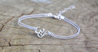 Dainty gray cord anklet with silver Om charm - shani-adi-jewerly