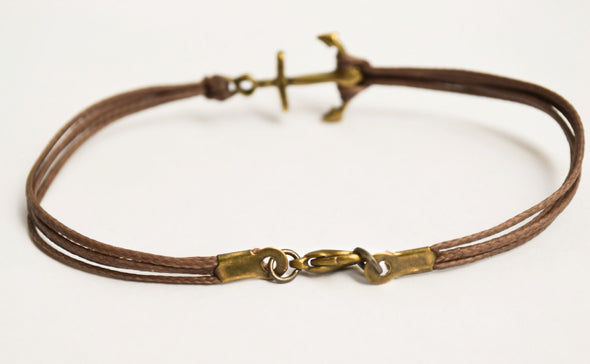 Bronze anchor cord bracelet, brown cord - shani-adi-jewerly