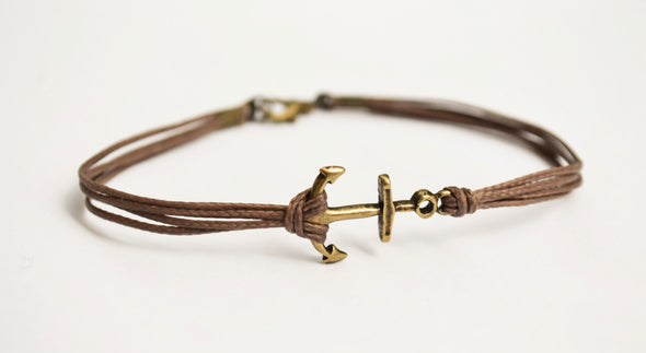 Bronze anchor cord bracelet, brown cord - shani-adi-jewerly