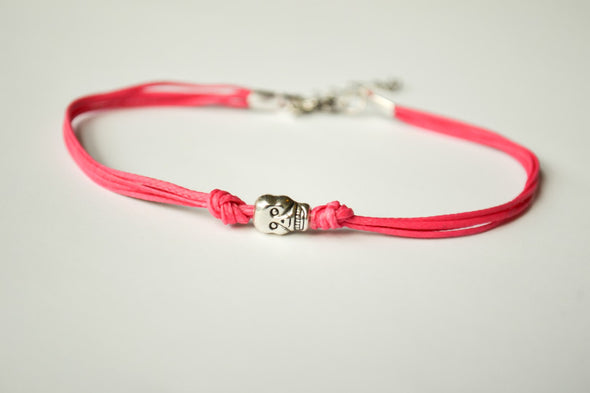 Dainty cord anklet with a silver skull charm, pink cord - shani-adi-jewerly