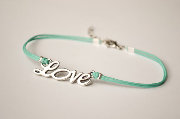Dainty turquoise cord anklet with a silver love charm - shani-adi-jewerly