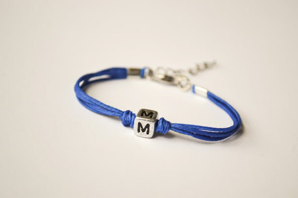 Blue cord Bracelet for children with Tibetan silver english letter charm - shani-adi-jewerly