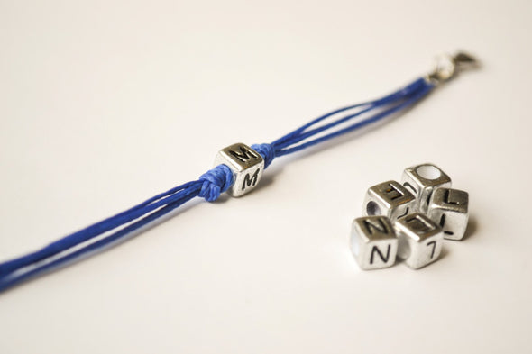 Blue cord Bracelet for children with Tibetan silver english letter charm - shani-adi-jewerly
