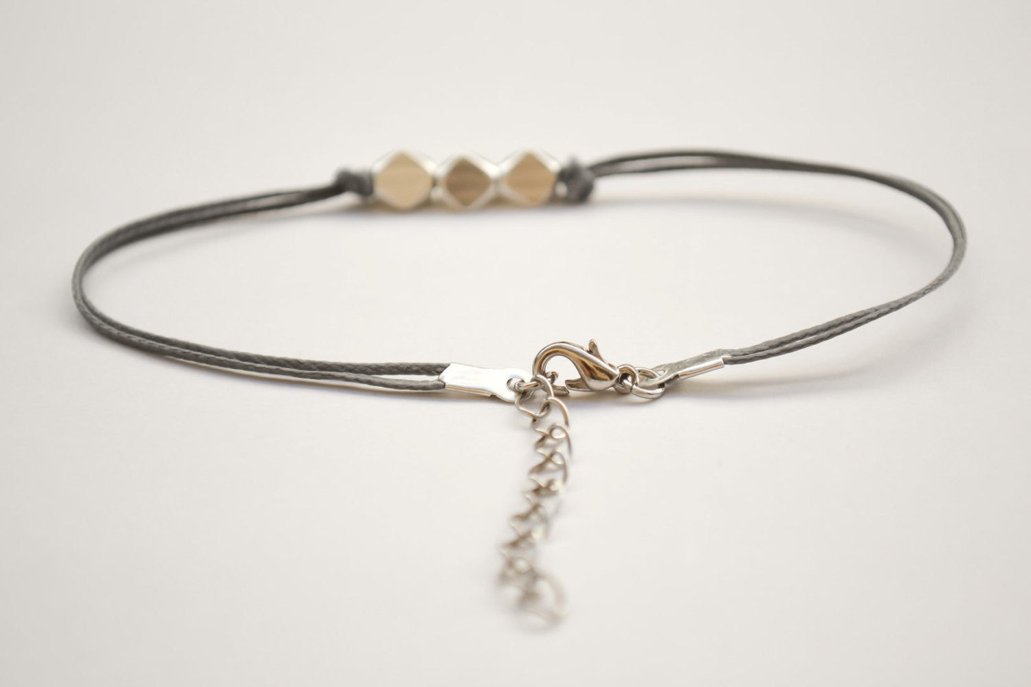 Silver nuggets bracelet, gray cord - shani-adi-jewerly
