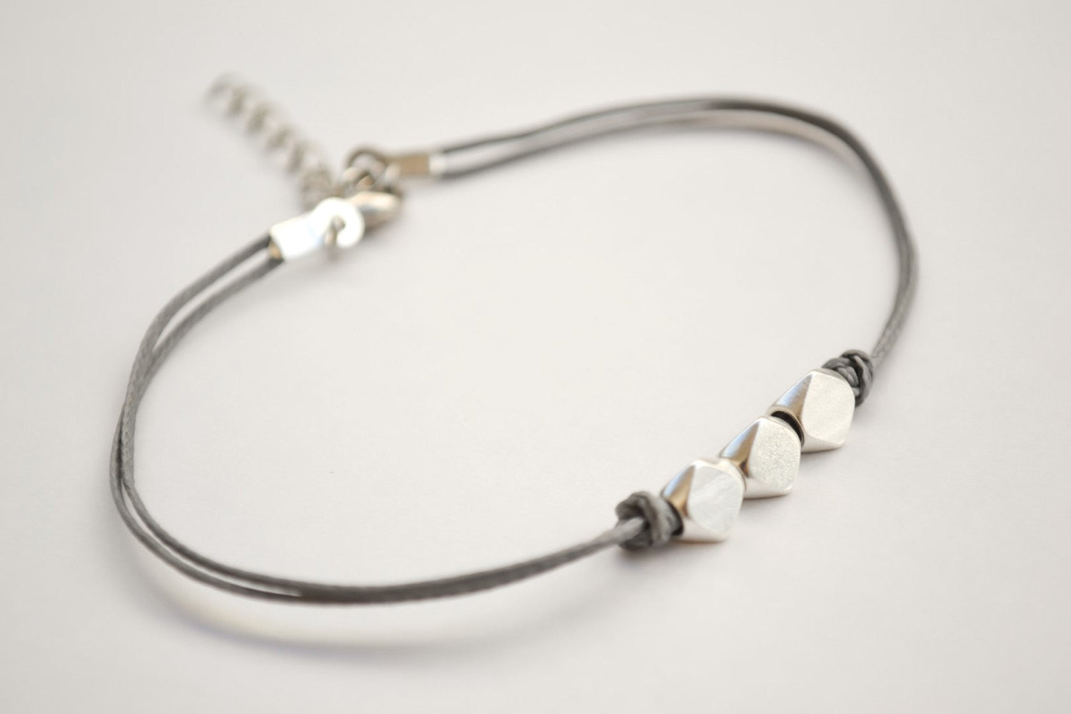 Silver nuggets bracelet, gray cord - shani-adi-jewerly