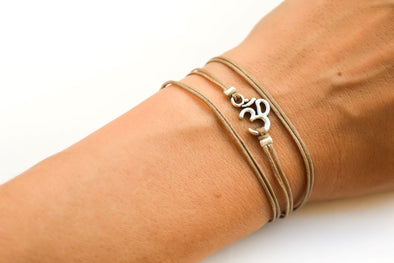Sanskrit bracelet, wrapped brown strand with silver Om charm, Yoga - shani-adi-jewerly