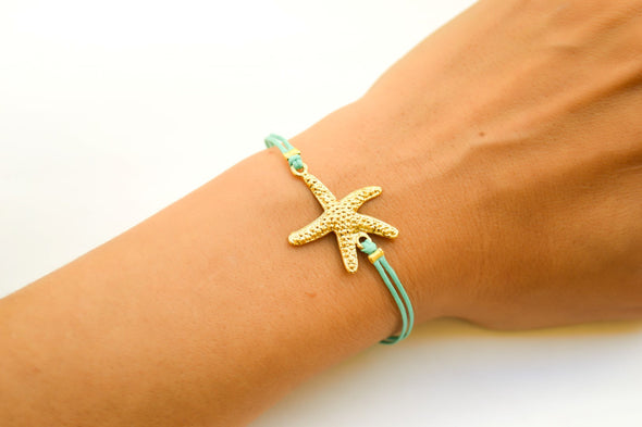 Turquoise cord bracelet with a gold sea star charm - shani-adi-jewerly