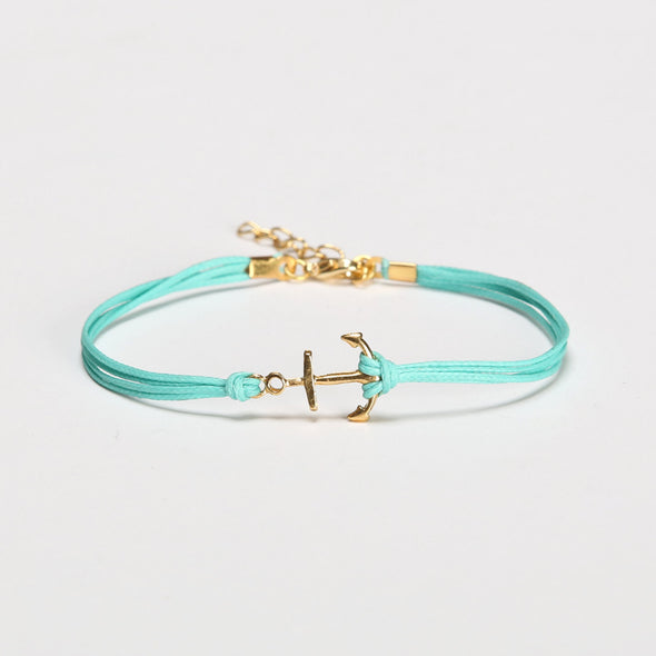 Gold anchor ankle bracelet, turquoise cord - shani-adi-jewerly