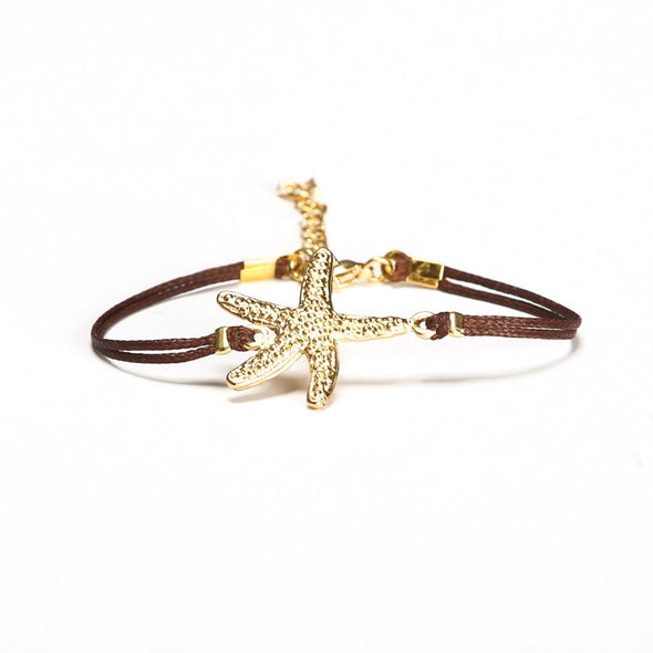 Gold starfish bracelet, brown cord - shani-adi-jewerly