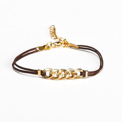 Brown cord bracelet with a gold chunky chain - shani-adi-jewerly