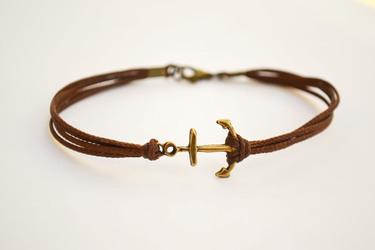 Brown cords bronze anchor bracelet for men - shani-adi-jewerly