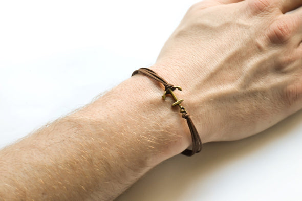 Brown cords bronze anchor bracelet for men - shani-adi-jewerly