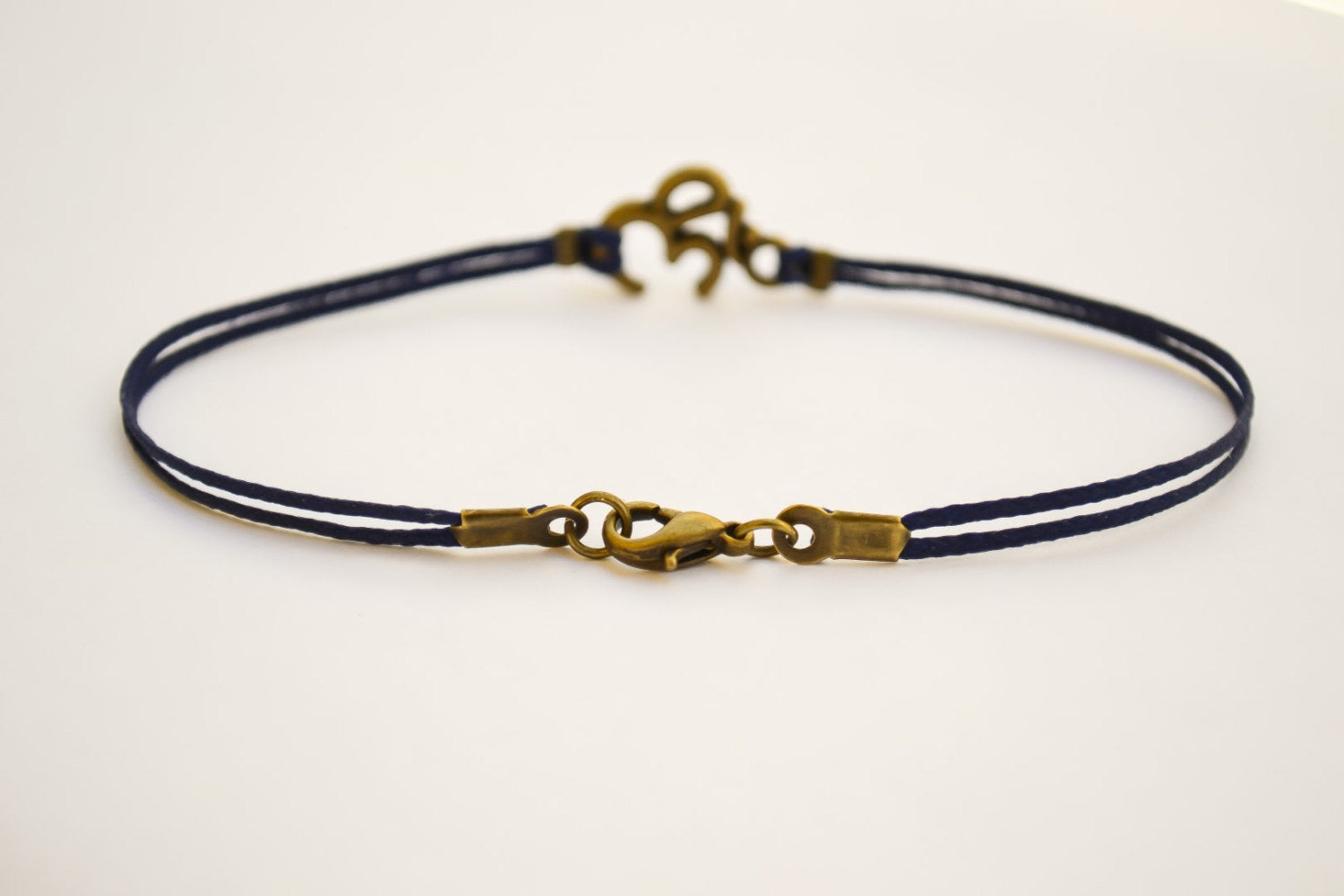 Bronze Om bracelet for men, blue cord - shani-adi-jewerly