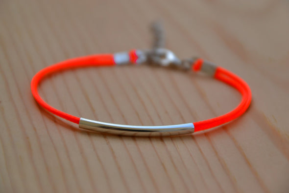 Silver bar bracelet, bright peach cord - shani-adi-jewerly