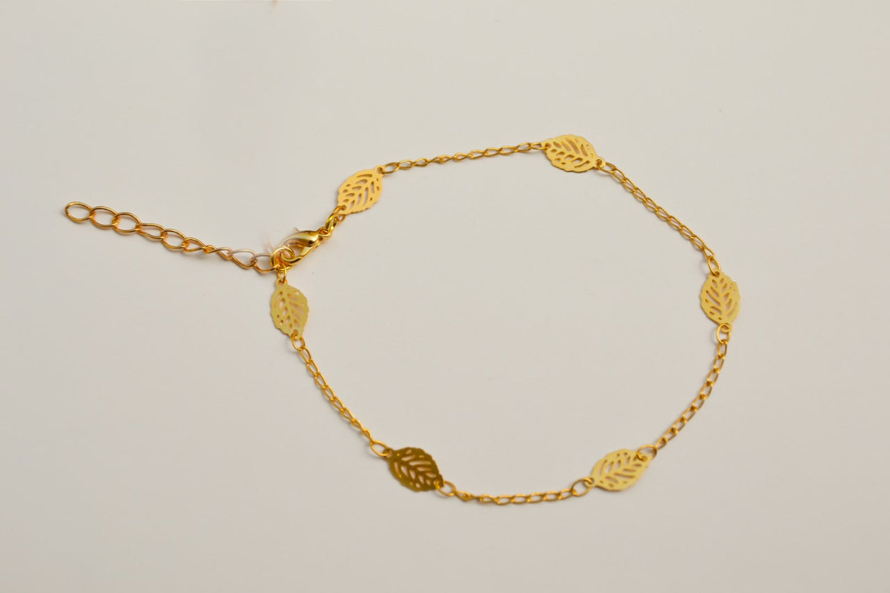 Dainty anklet, 24k gold plated chain ankle bracelet with leaves charms - shani-adi-jewerly