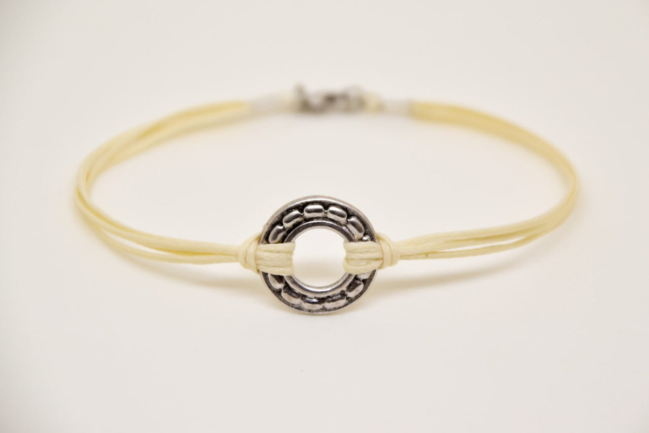 silver karma bracelet for men, beige cord - shani-adi-jewerly