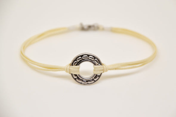 silver karma bracelet for men, beige cord - shani-adi-jewerly