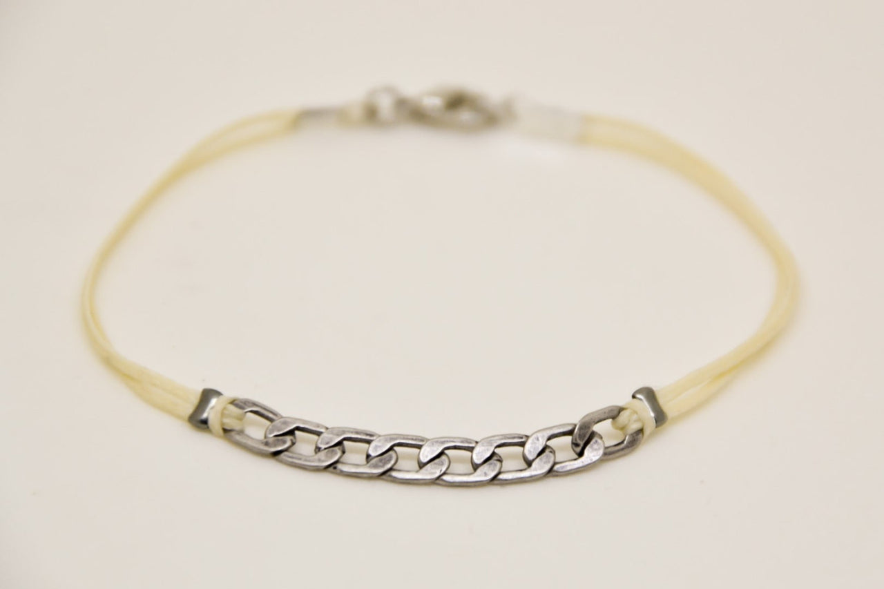 Silver flat link chain bracelet for men, beige cord - shani-adi-jewerly