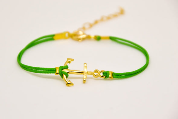 Gold anchor bracelet for women, green cord, nautical beach jewelry - shani-adi-jewerly
