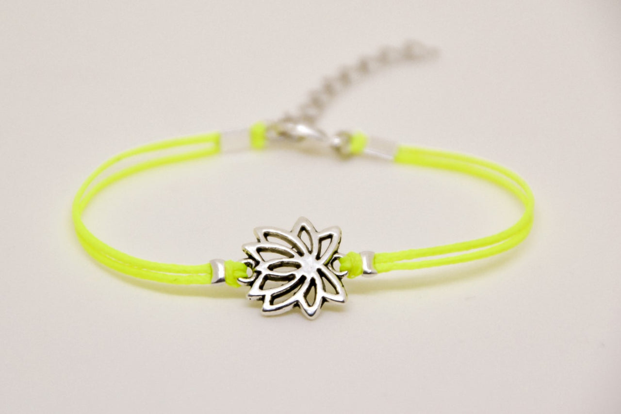 Neon yellow cord bracelet with silver lotus charm - shani-adi-jewerly