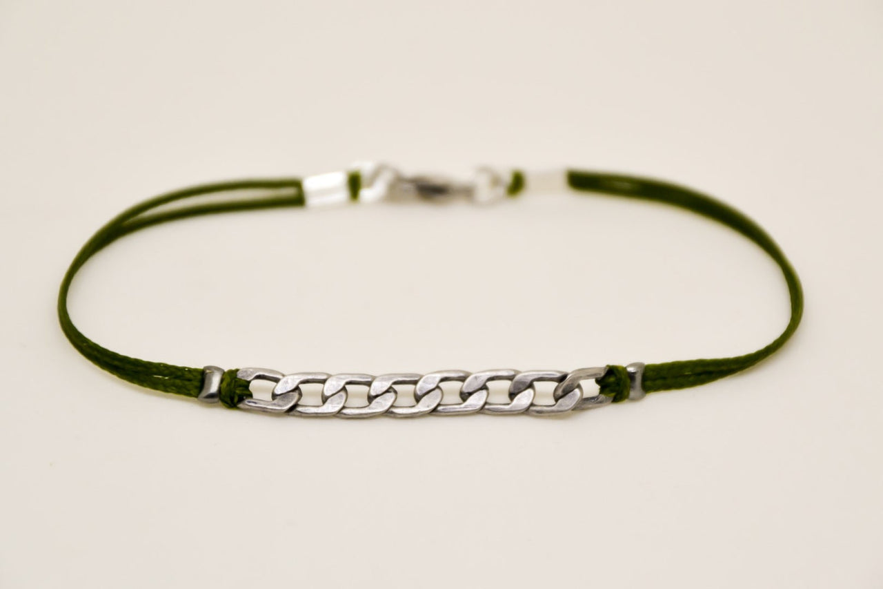 Flat link chain bracelet for men, green cord - shani-adi-jewerly