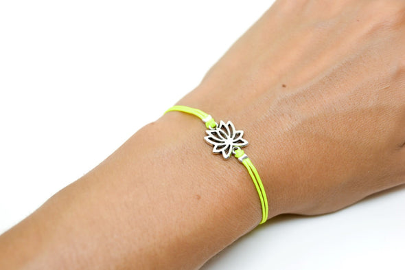 Neon yellow cord bracelet with silver lotus charm - shani-adi-jewerly