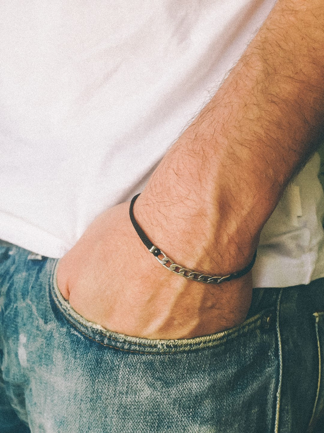 Silver flat link chain men's bracelet with a black cord - shani-adi-jewerly