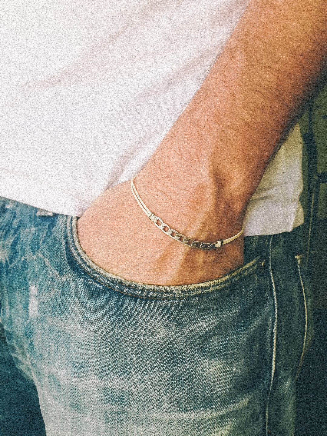 Silver flat link chain bracelet for men, beige cord - shani-adi-jewerly
