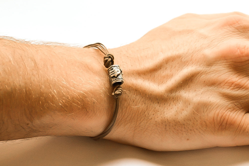 Silver bead Hamsa bracelet for men, brown cord - shani-adi-jewerly