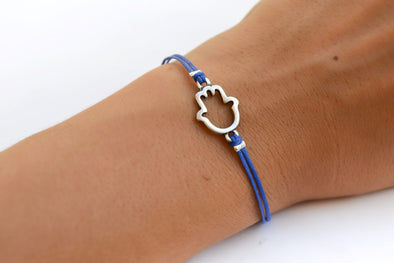 Blue cord bracelet with a silver hamsa charm - shani-adi-jewerly
