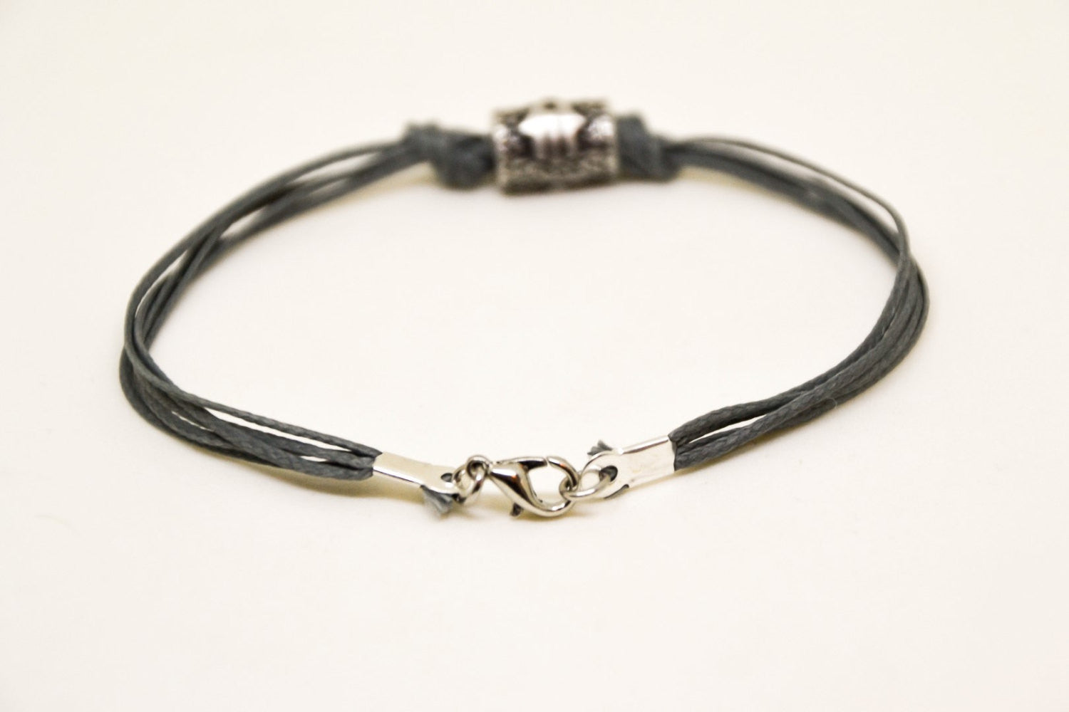 Silver Hamsa tube bracelet for men, gray cord - shani-adi-jewerly