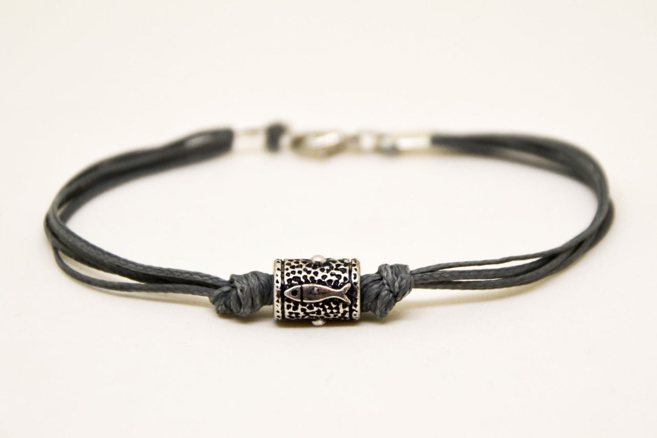 Silver Hamsa tube bracelet for men, gray cord - shani-adi-jewerly