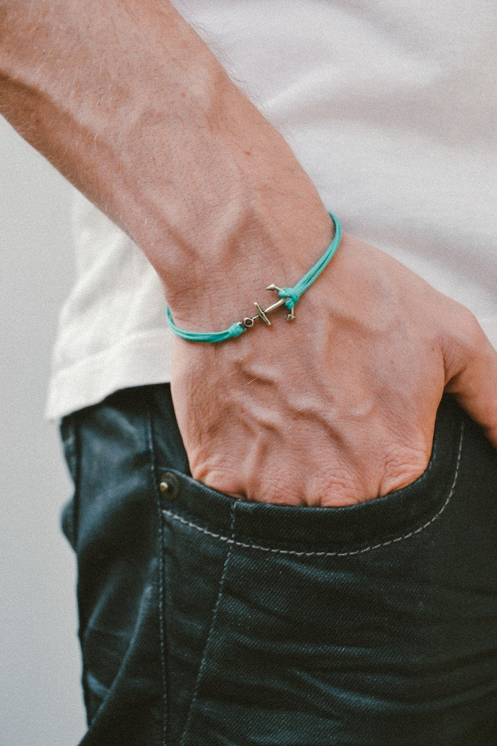 Anchor cord bracelet, men's bracelet, silver anchor charm
