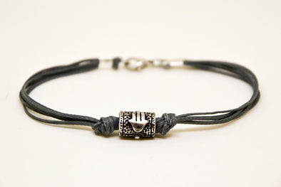 Silver Hamsa tube bracelet for men, gray cord - shani-adi-jewerly