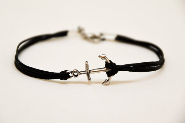 Silver anchor bracelet for men, black cord, nautical beach jewelry - shani-adi-jewerly