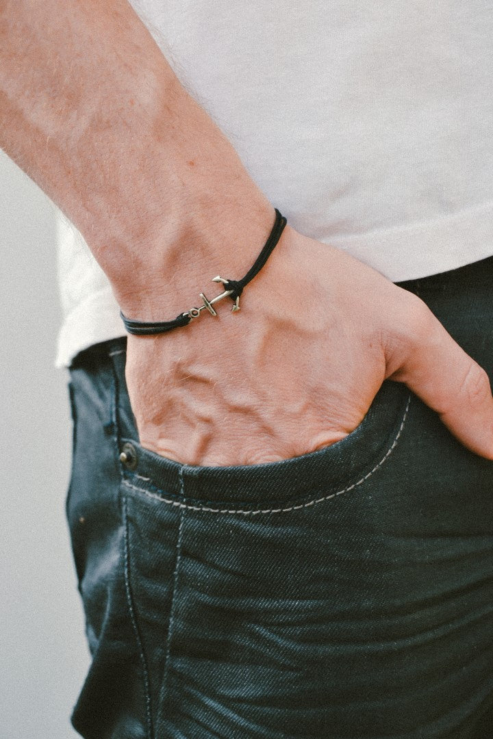 Men's anchor cord bracelet, black cords - shani-adi-jewerly