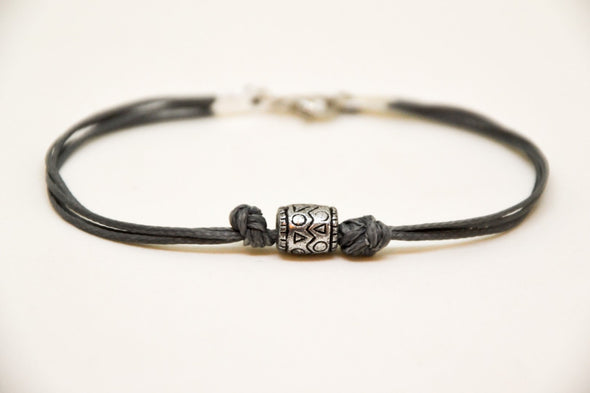 Grey cord bracelet, silver tribal aztec tube charm for men - shani-adi-jewerly