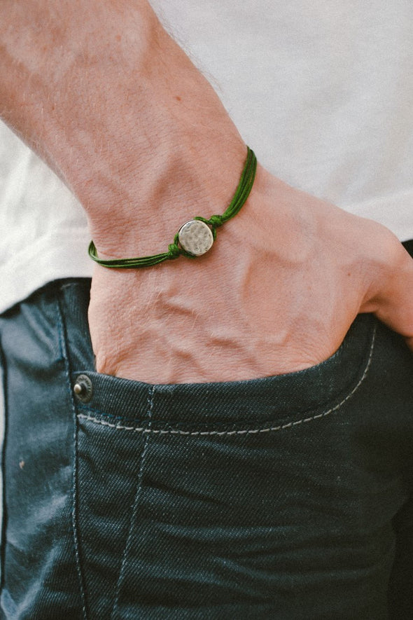 Green cord bracelet for men with a silver round charm - shani-adi-jewerly
