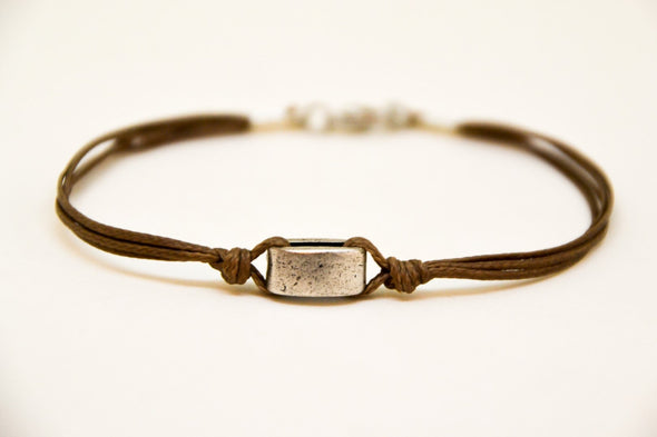 Silver square bead bracelet for men, brown cord - shani-adi-jewerly