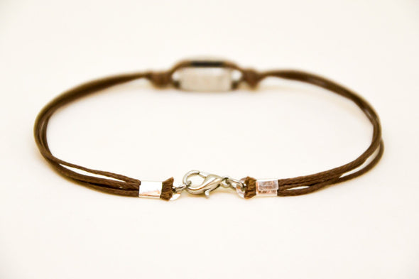 Silver square bead bracelet for men, brown cord - shani-adi-jewerly