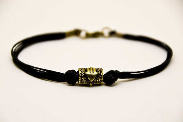 Bronze Hamsa tube bracelet for men, black cord - shani-adi-jewerly