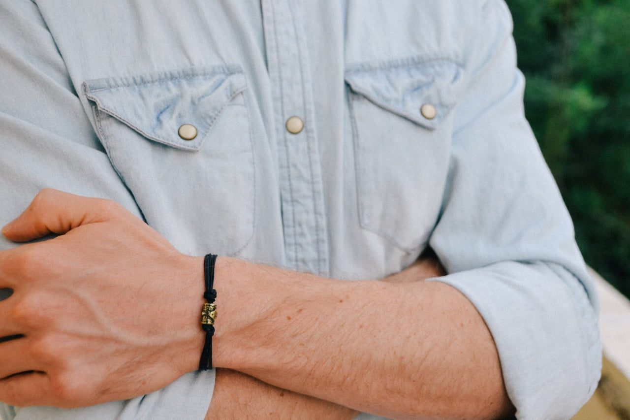 Bronze Hamsa tube bracelet for men, black cord - shani-adi-jewerly